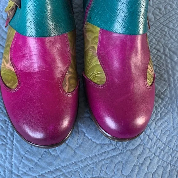 Socofy Purple Printing Flowers Leather Zip Booties - Picture 4 of 13